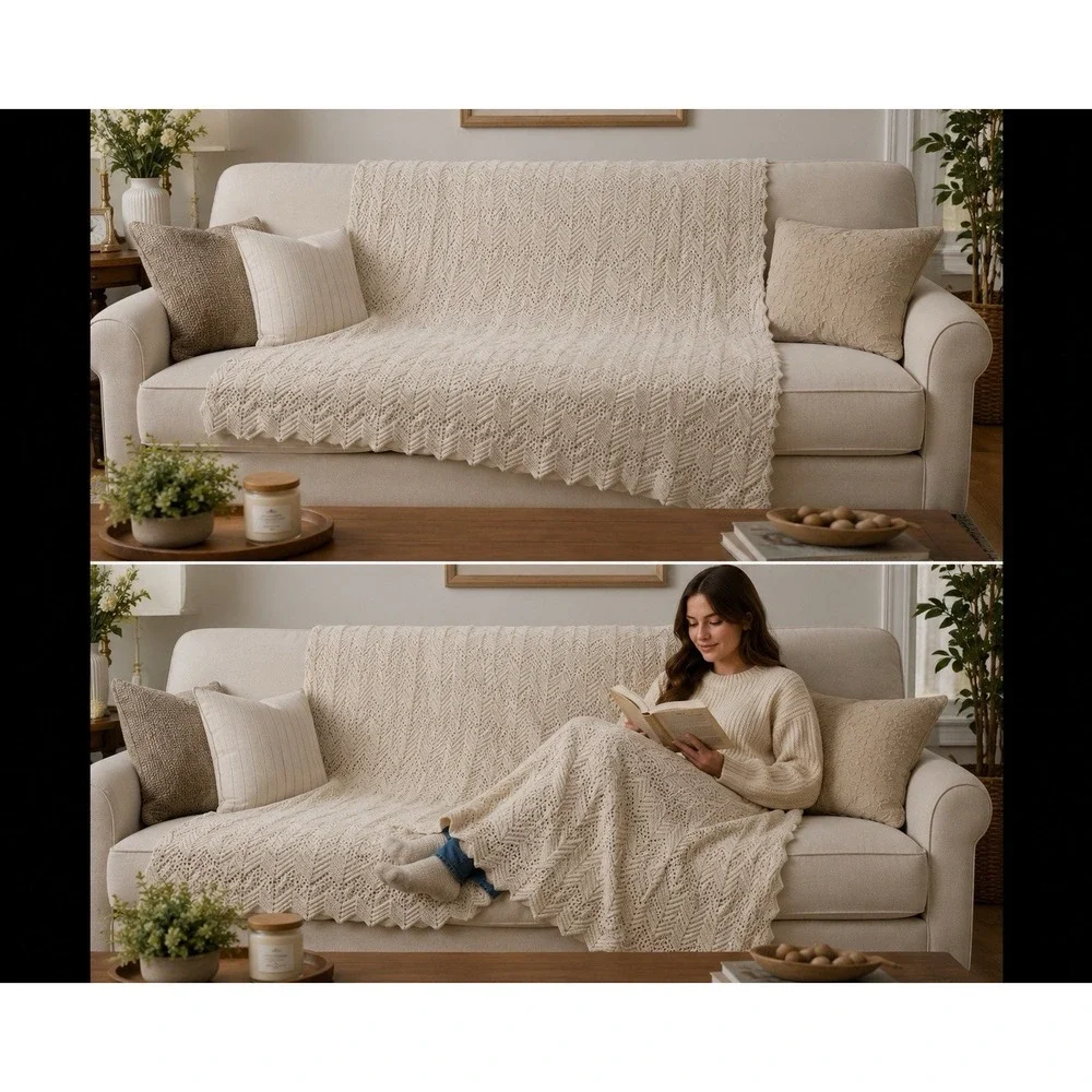 Vintage Off White Crochet Chevron Afghan Throw Blanket Handmade 61x40